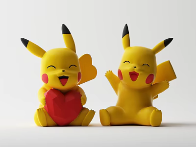 Cute Yellow Pikachu Toys With Happy Expressions Holding Heart And Envelope 3d model