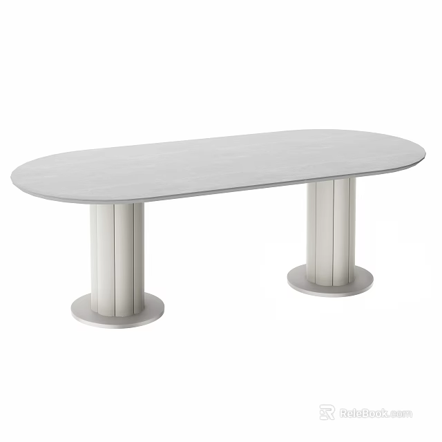 Modern Oval Dining Table With Light Gray Top And Two White Cylindrical Bases 3d model 