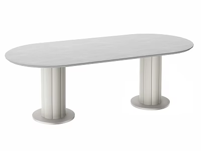 Modern Oval Dining Table With Light Gray Top And Two White Cylindrical Bases 3d model