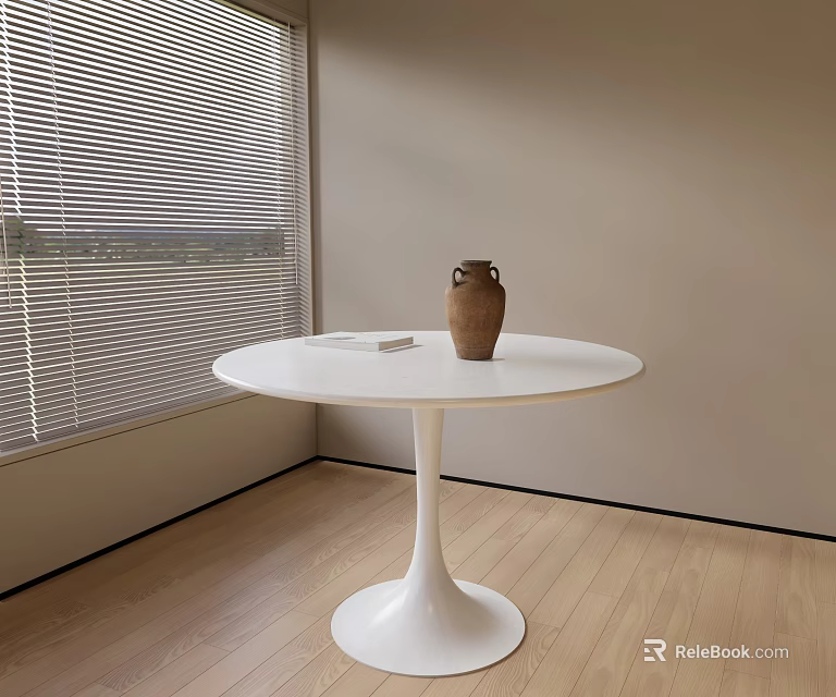 White Round Dining Table With Clay Vase On Wooden Floor By Beige Wall And Blinds 3d model 