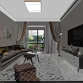 Living Dining Room Interior Design With Gray Sofa Yellow Cushions TV Stand And Curtains