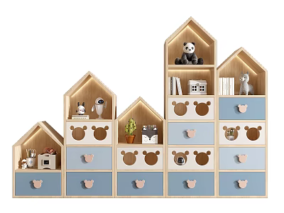 House Shaped Decorative Cabinets with Light Wood Blue Drawers Bear Handles Small Items Inside 3d model