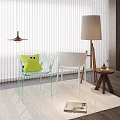 Modern Transparent Single Chair with Green Cushion and Floor Lamp near Blinds on Wooden Rug