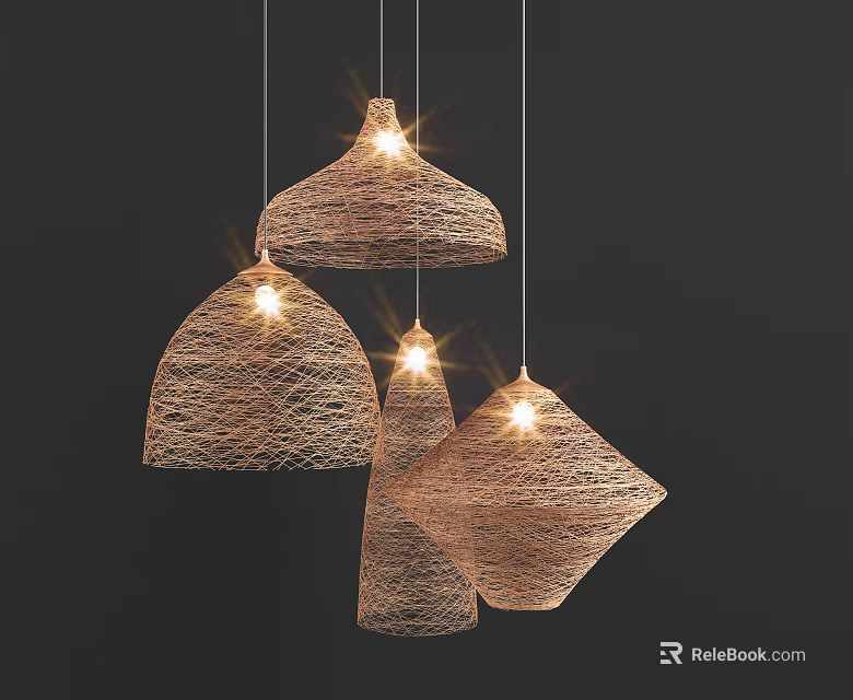 Decorative Woven Pendant Lights With Various Shapes Illuminated In Dark Background 3d model 