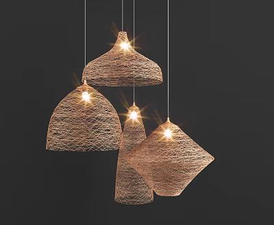 Decorative Woven Pendant Lights With Various Shapes Illuminated In Dark Background 3d model