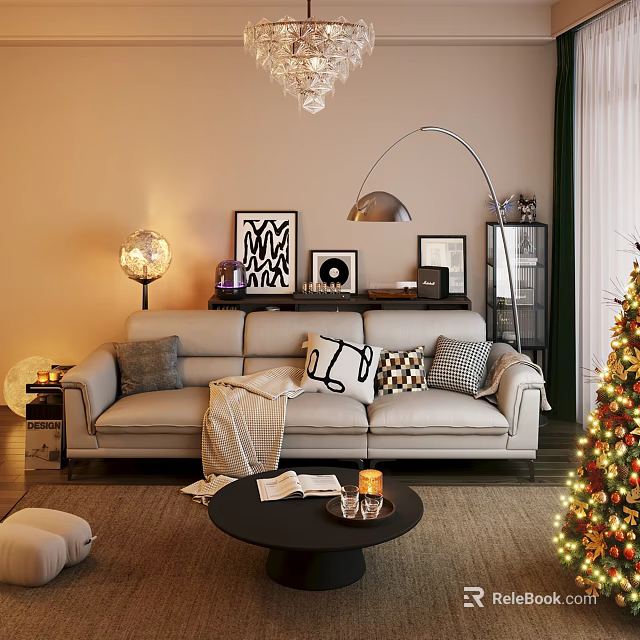 Beige Three Seater Sofa With Decorative Pillows Throw Blanket Floor Lamp And Christmas Tree 3d model 