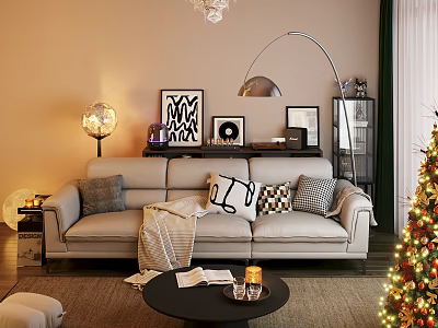 Beige Three Seater Sofa With Decorative Pillows Throw Blanket Floor Lamp And Christmas Tree 3d model