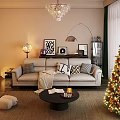 Beige Three Seater Sofa With Decorative Pillows Throw Blanket Floor Lamp And Christmas Tree