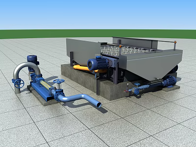 Industrial Processing Equipment With Metal Structure Blue Pipes Motor Drive And Concrete Base Screening System 3d model