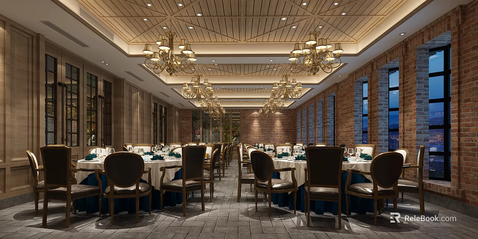 Elegant Restaurant Interior With Wooden Ceiling Chandeliers Brick Walls Windows Dining Tables And White Tablecloths 3d model 