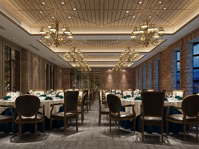 Elegant Restaurant Interior With Wooden Ceiling Chandeliers Brick Walls Windows Dining Tables And White Tablecloths 3d model
