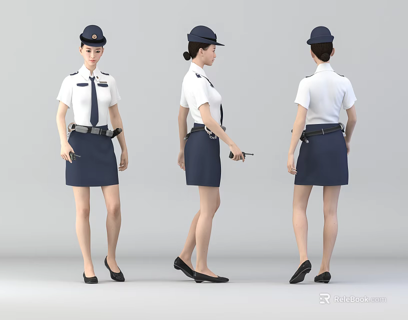 Woman In Uniform With White Shirt Blue Skirt And Cap From Different Angles 3d model 