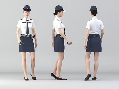 Woman In Uniform With White Shirt Blue Skirt And Cap From Different Angles 3d model