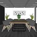 Modern Conference Room Interior With Long Wooden Table Black Chairs Green Plant And Window Blinds