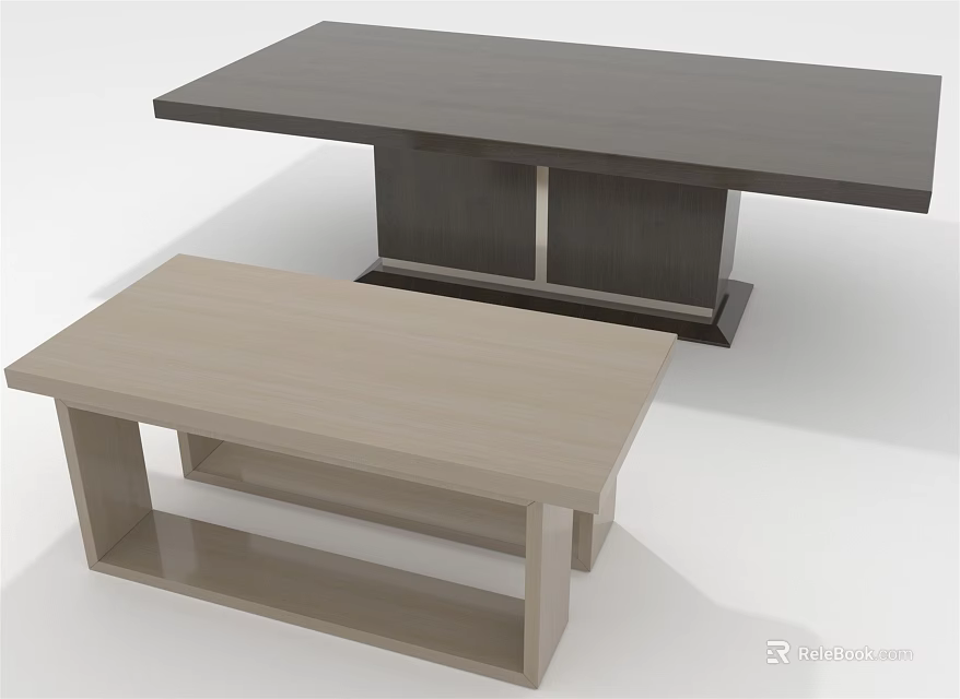 Two Modern Coffee Tables With Dark And Light Wooden Tops And Open Shelf Design 3d model 