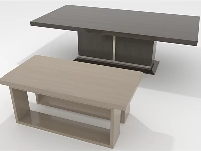Two Modern Coffee Tables With Dark And Light Wooden Tops And Open Shelf Design 3d model