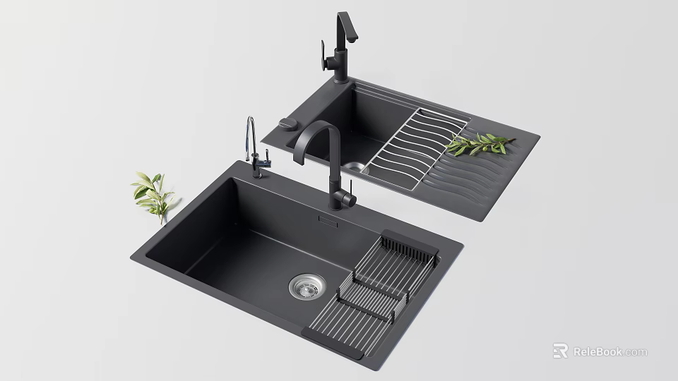 Black Kitchen Sink With Faucet Drainer Rack And Olive Branches For Modern Kitchen 3d model 