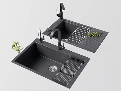 Black Kitchen Sink With Faucet Drainer Rack And Olive Branches For Modern Kitchen 3d model