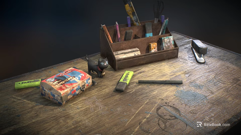 Vintage Wooden Desktop Stationery Organizer Box With Colorful Decorations And Small Black Figurine 3d model 