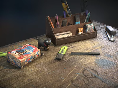 Vintage Wooden Desktop Stationery Organizer Box With Colorful Decorations And Small Black Figurine 3d model