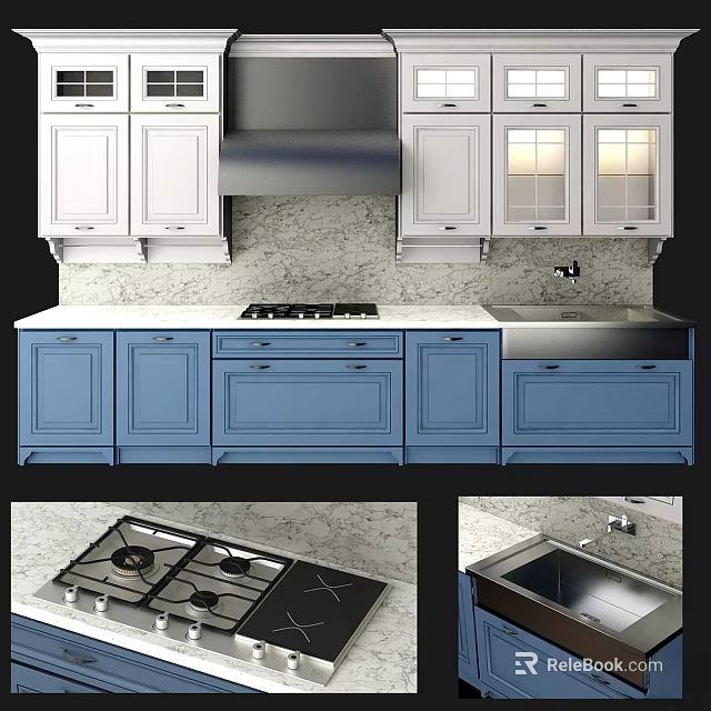 Modern Kitchen Interior Design With Blue Cabinets Countertop Stove And Sink 3d model 