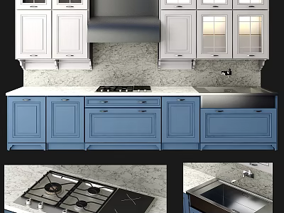 Modern Kitchen Interior Design With Blue Cabinets Countertop Stove And Sink 3d model