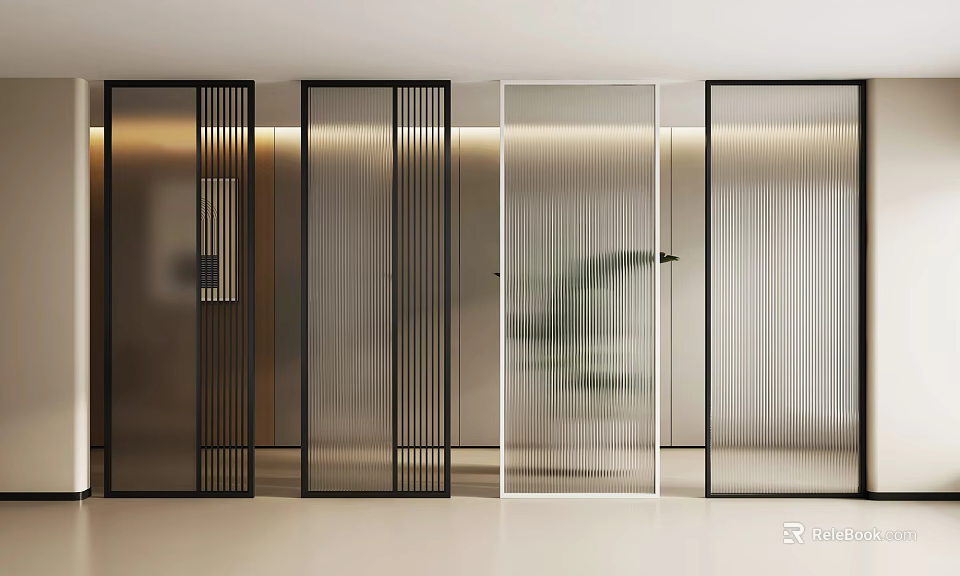 Modern Partition Screens Interior Design With Black Frame And Striped Glass Panels 3d model 
