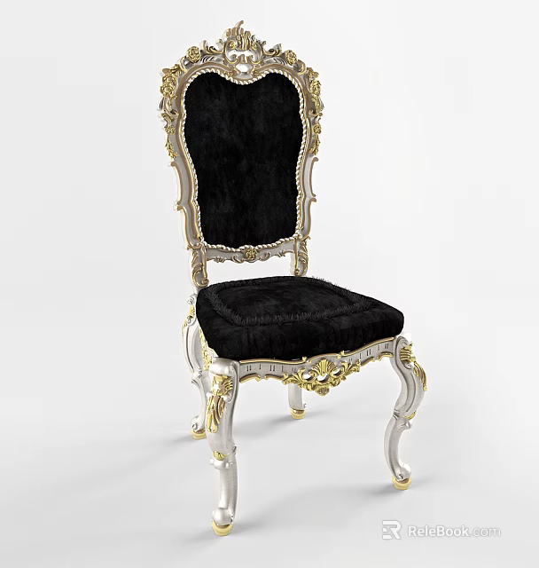 Luxurious Black Upholstered Dining Chair With Silver Frame And Gold Carvings 3d model 