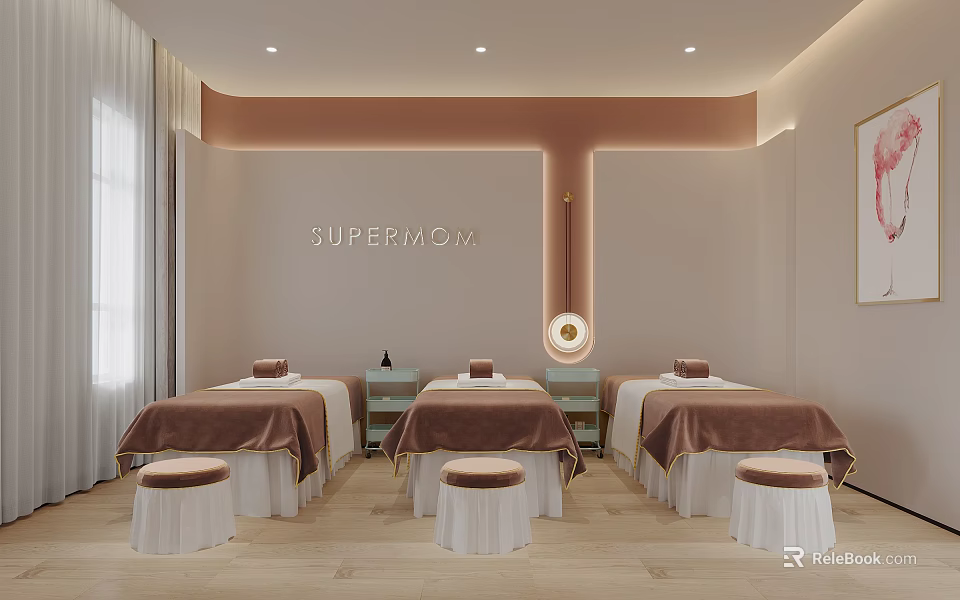 Modern SPA Sauna Interior With Three Massage Beds Brown Blankets Small Stools And Lighting 3d model 