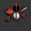 Assorted Football Helmets And Rugby Balls With Team Logos On Dark Background