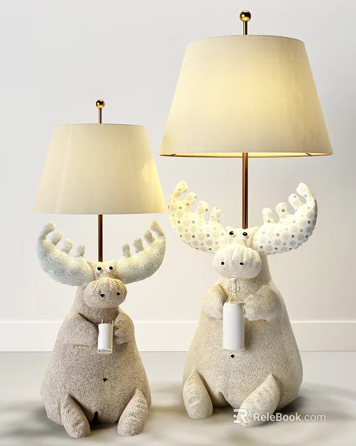 Unique Moose-shaped Table Lamp with Plush Body and Decorative Antlers for Indoor Decor 3d model 