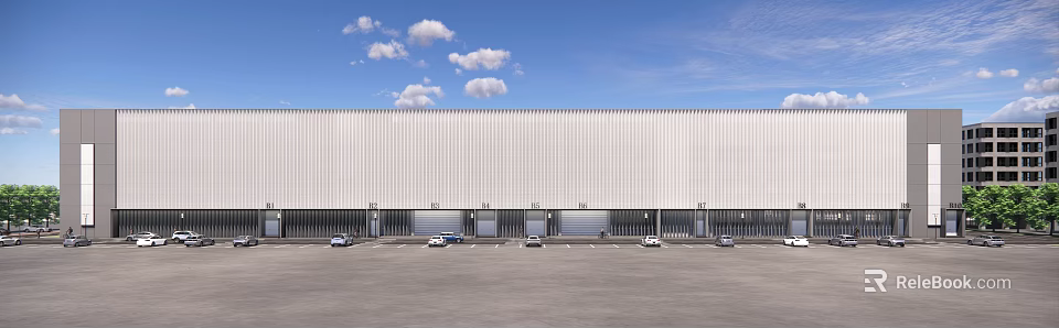 Industrial Warehouse White Exterior With Roll-up Doors Front Parking Lot Vehicles Blue Sky White Clouds 3d model 