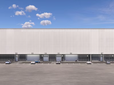 Industrial Warehouse White Exterior With Roll-up Doors Front Parking Lot Vehicles Blue Sky White Clouds 3d model