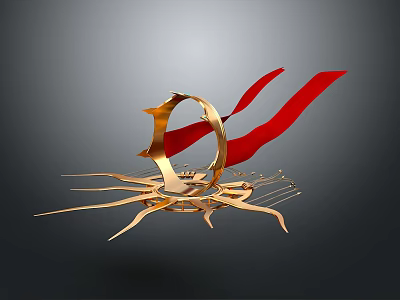 Golden Circular Decorative Ornament With Red Ribbons And Radiating Base For Home Decor 3d model