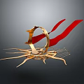 Golden Circular Decorative Ornament With Red Ribbons And Radiating Base For Home Decor