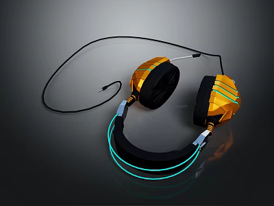 Stylish Modern Wired Headphones With Orange Black Color Geometric Design And Neon Blue Lights 3d model