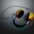 Stylish Modern Wired Headphones With Orange Black Color Geometric Design And Neon Blue Lights