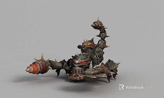 Tech Exhibition Hall Displaying Futuristic Mechanical Scorpion With Spiked Metal Structure And Red Glowing Eyes 3d model 
