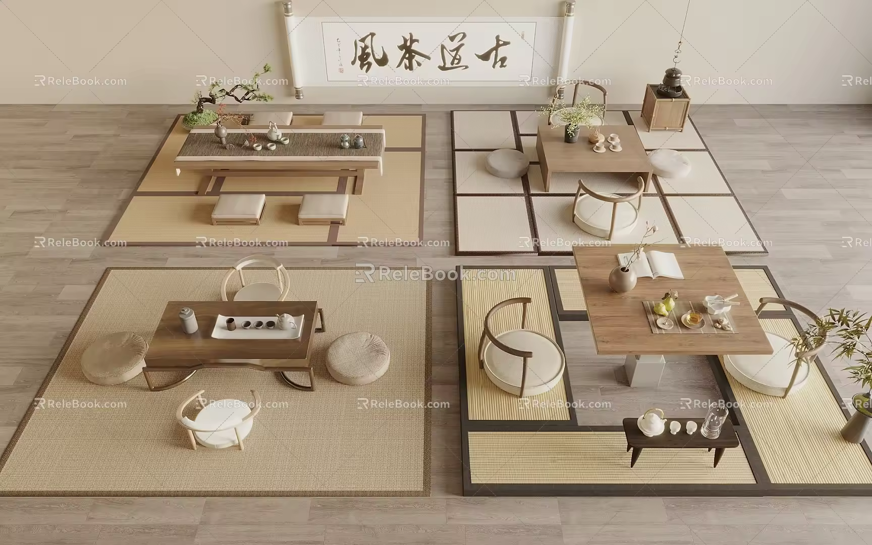 Japanese Style Log Style Tea Table and Chair Combination Futon Tatami Solid Wood Large Board Table Tea Table 3d model