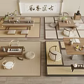 Japanese Style Log Style Tea Table and Chair Combination Futon Tatami Solid Wood Large Board Table Tea Table 3d model