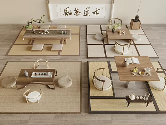 Japanese Style Log Style Tea Table and Chair Combination Futon Tatami Solid Wood Large Board Table Tea Table 3d model
