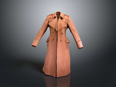 Classic Brown Long Double Breasted Trench Coat With Lapel Collar And Pockets 3d model