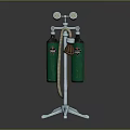 Green Gas Cylinder Setup With Metal Stand Pressure Gauges Hose And Mask