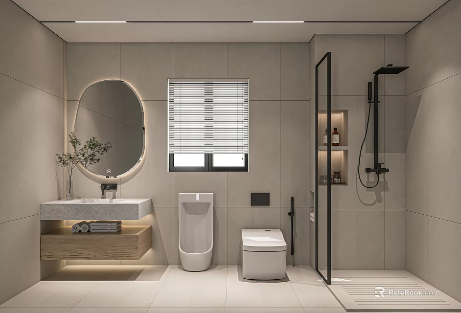 Modern Light Tiled Bathroom With Lighted Oval Mirror Wooden Vanity Urinal Toilet And Shower Area 3d model 