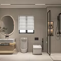 Modern Light Tiled Bathroom With Lighted Oval Mirror Wooden Vanity Urinal Toilet And Shower Area