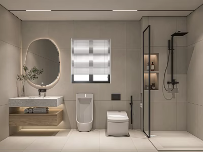 Modern Light Tiled Bathroom With Lighted Oval Mirror Wooden Vanity Urinal Toilet And Shower Area 3d model