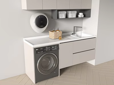 Modern Bathroom Cabinet With Washing Machine White Countertop Sink And Round Mirror 3d model
