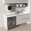 Modern Bathroom Cabinet With Washing Machine White Countertop Sink And Round Mirror