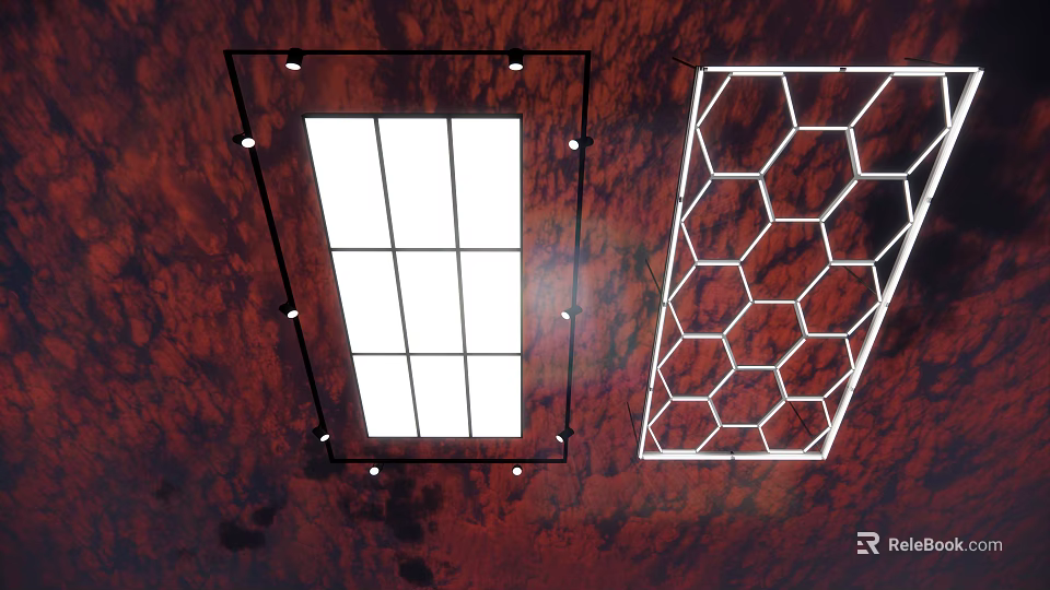Modern Square And Hexagonal Chandeliers With Grid And Honeycomb Patterns On Red Ceiling 3d model 
