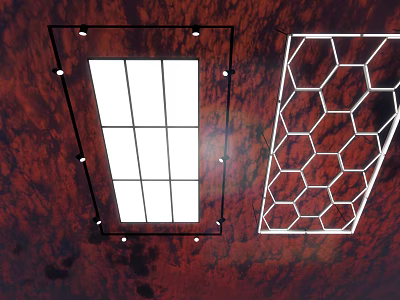 Modern Square And Hexagonal Chandeliers With Grid And Honeycomb Patterns On Red Ceiling 3d model